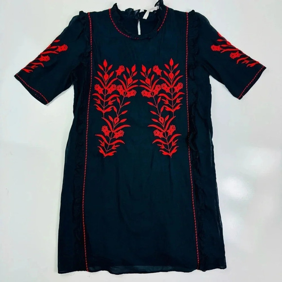 Zara Embroidered Dress Floral Ruffle Trim Black Red‎ Short Sleeve Size XS - Picture 6 of 10